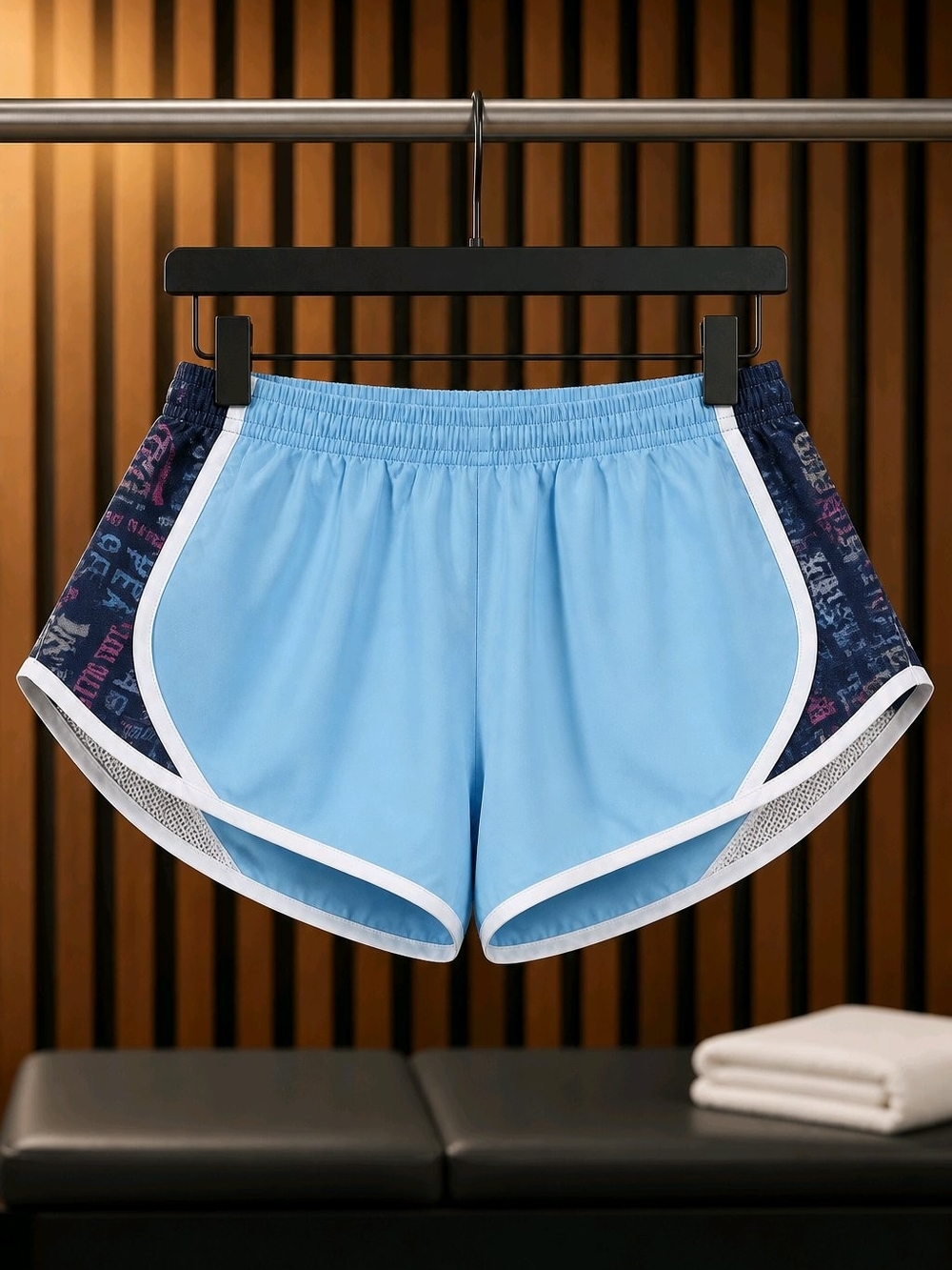 Girls Light Blue Athletic Shorts with Navy Printed Side Panels
